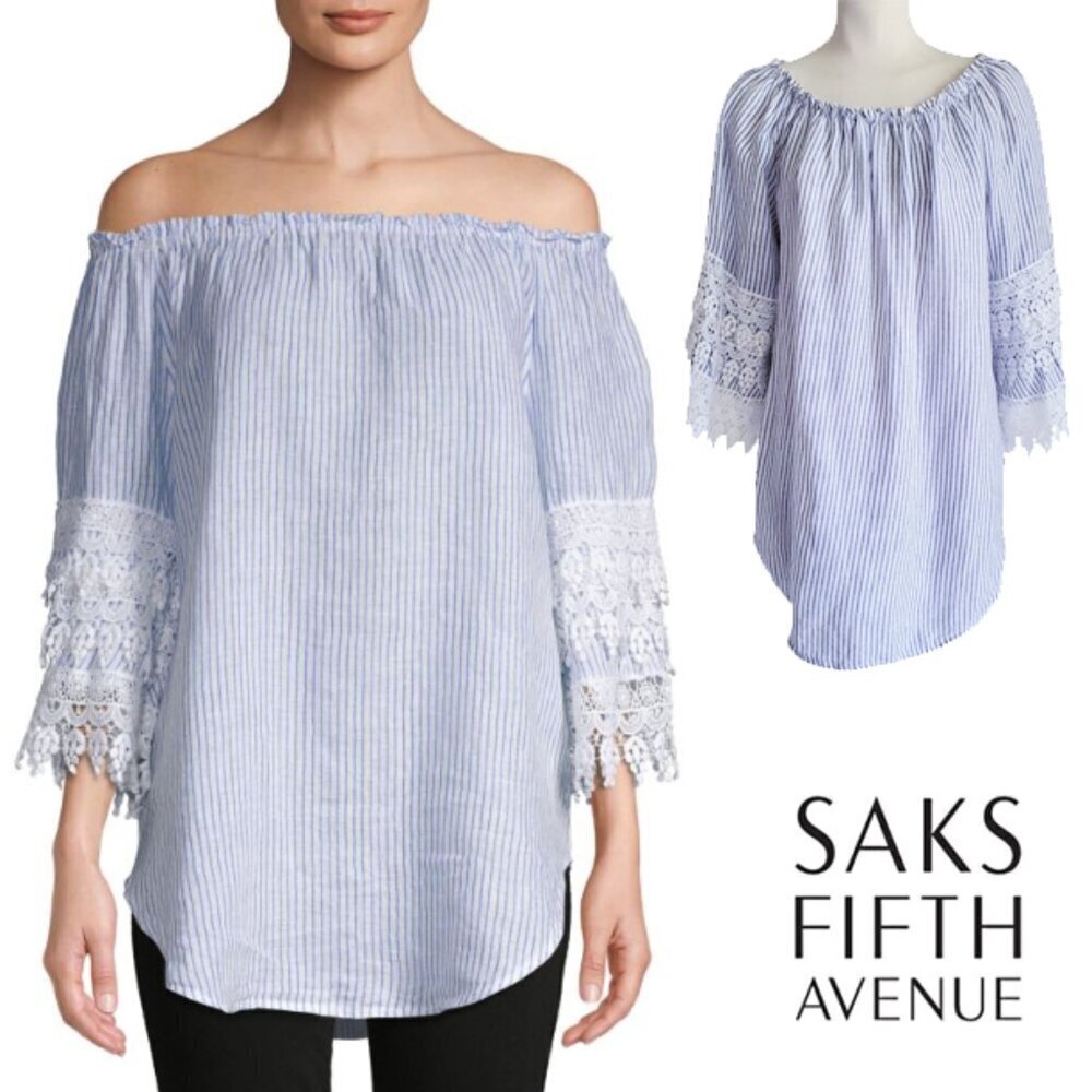 Saks Fifth Avenue Linen Off-or on-Shoulder Blue Striped Lace Blouse M